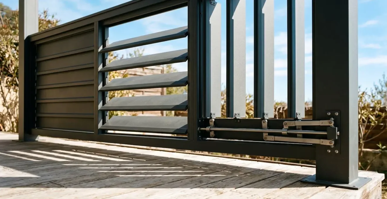 Detalle arquitectónico de lamas de pérgola bioclimática en aluminio gris mostrando tres posiciones de orientación diferentes, con luz natural creando sombras lineales sobre suelo de madera