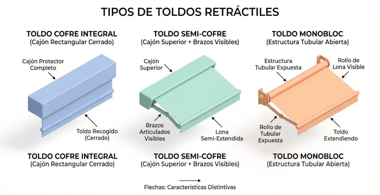 Ilustración 3D isométrica mostrando tres tipos de toldos: cofre integral cerrado en azul, semi-cofre con brazos visibles en verde, y monobloc abierto en naranja, con etiquetas en español