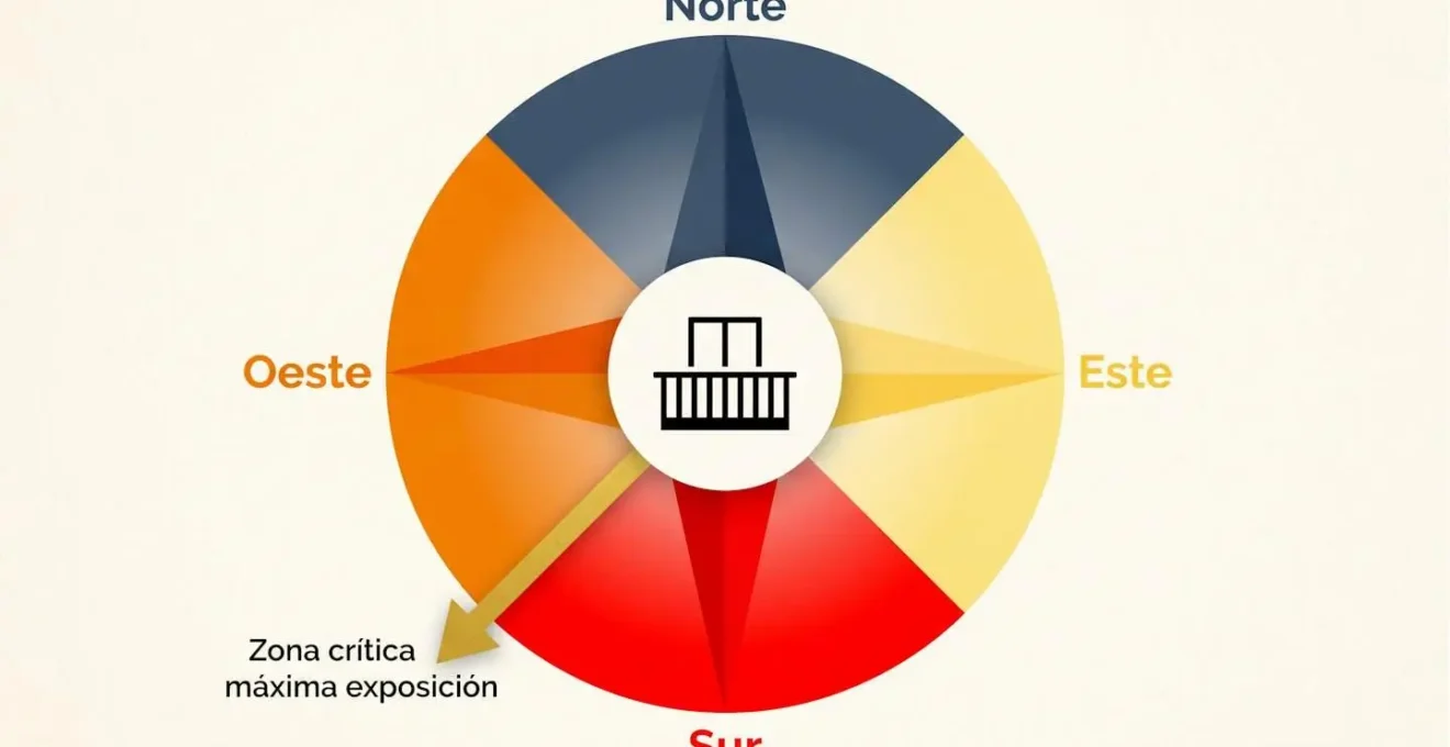 Rosa de los vientos abstracta con cuatro secciones de color: Norte en azul frío, Este en amarillo, Sur en rojo intenso y Oeste en naranja, con flecha dorada señalando la zona Sur-Oeste como área de máxima exposición solar